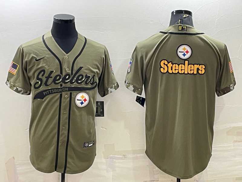 Men%27s Pittsburgh Steelers Blank Olive Salute to Service Team Big Logo Cool Base Stitched Baseball Jersey